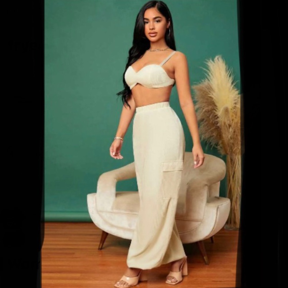 2-Piece Bikini Like Top & Cargo Pants Boutique New Comfy Beige